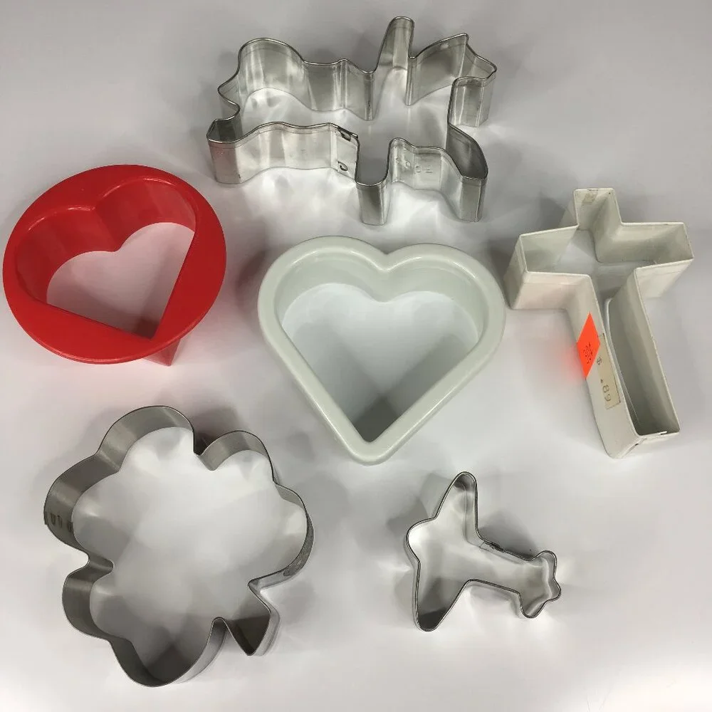 6 Cookie Cutters Various Shapes Carousel Hearts Cross Shamrock Clover Airplane